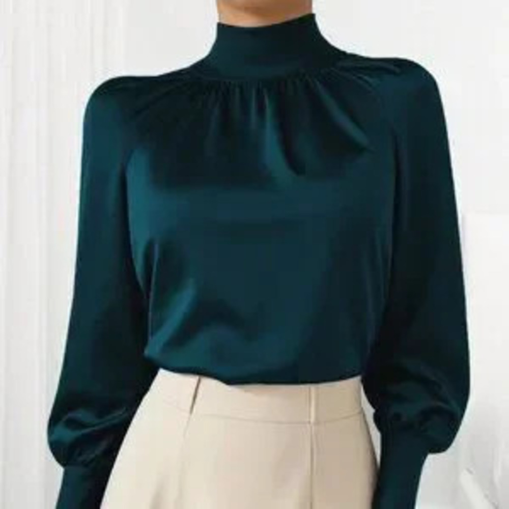 ZARA Teal Blue Elegant Women's Stand Collar Lantern Sleeve Blouse